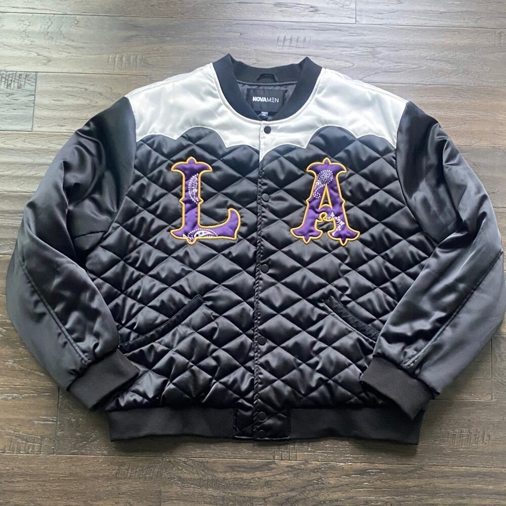 FASHION NOVA Quilted Bomber Jacket Mens Sz XXL Black LA Patch Bandana